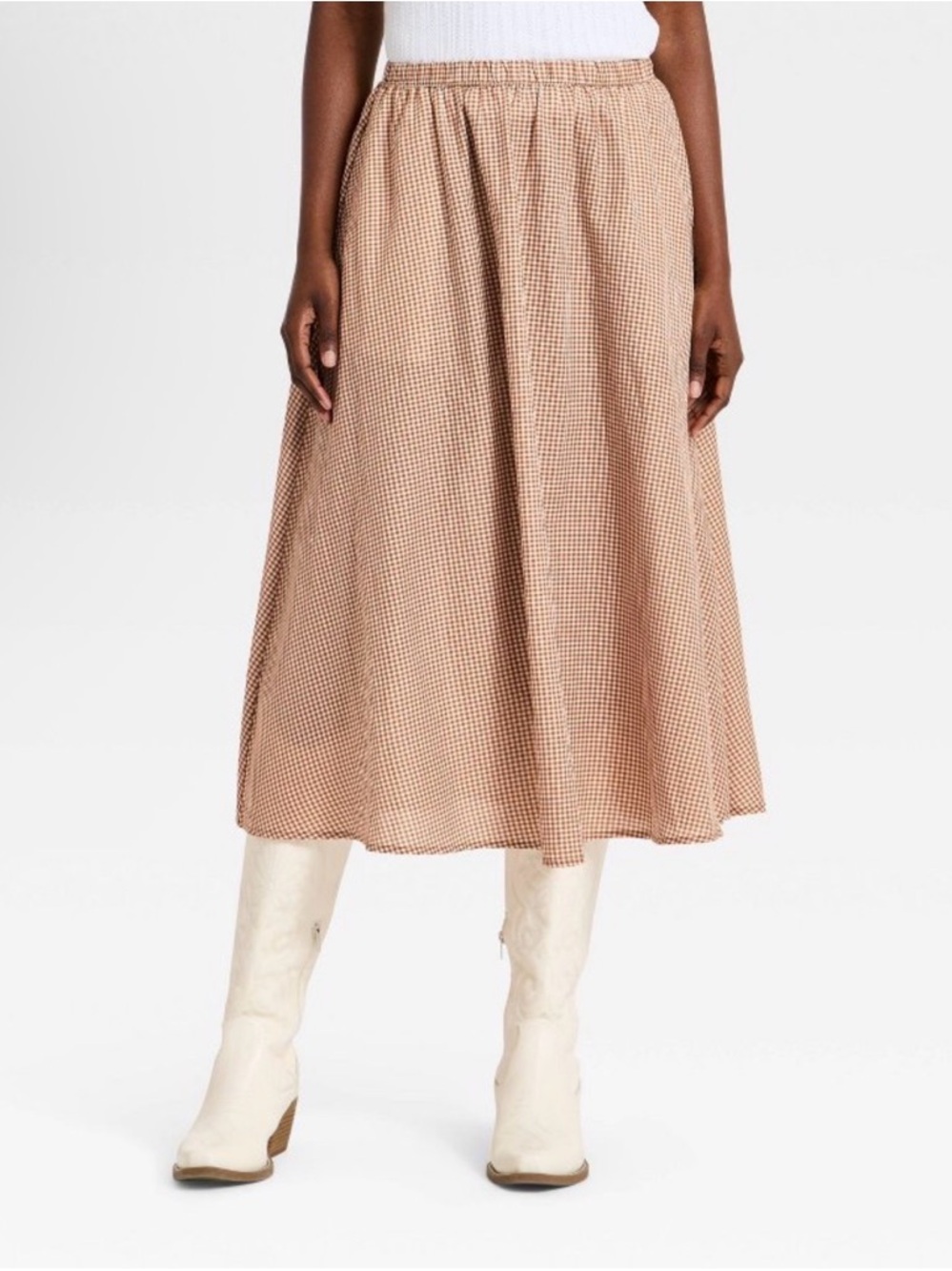 a new day Beige Gingham Elastic-Waist Midi Skirt